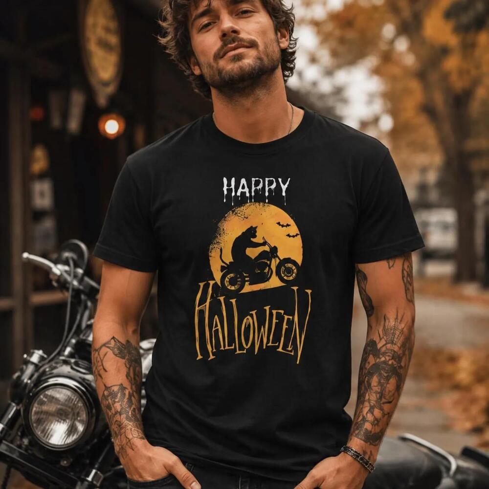 Black Cat Motorcycle Shirt, Halloween Biker Cat Tee, Spooky Rider Gift